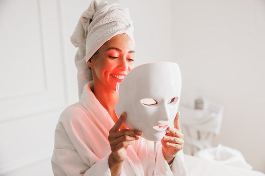 Woman wearing a 7-colour LED light therapy face mask at home